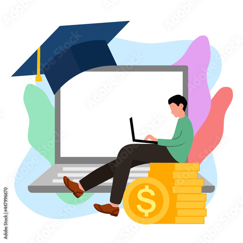 Online education scholarship concept vector illustration on white background. Website digital scholarship. Student, computer, stack of coins and graduation hat in flat design.