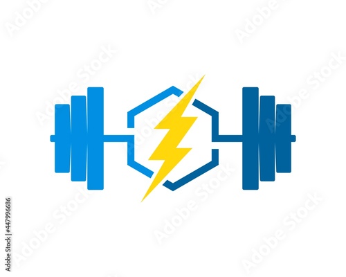 Gym barbell with hexagonal shape and electrical lightning inside