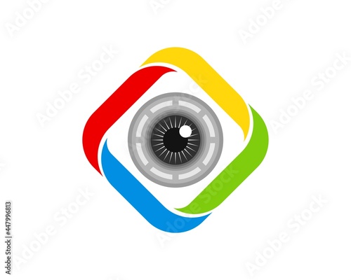 Abstract rainbow square shape with eye lens camera inside