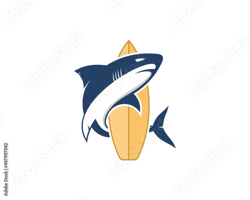 Surf board with blue shark surrounding