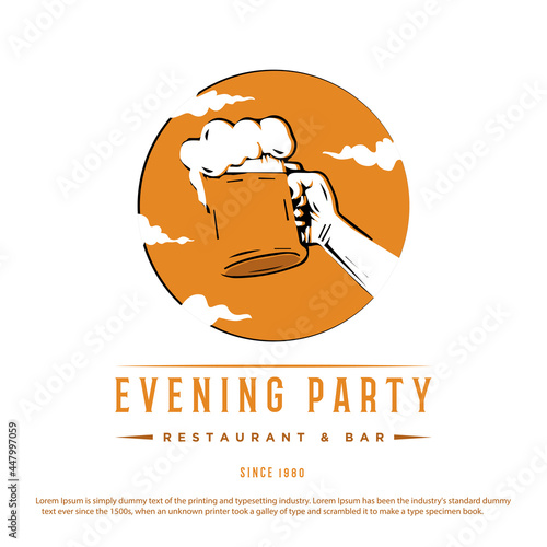Vintage retro logo design for beer restaurant or bar. Evening party vector illustration with hand holding beer