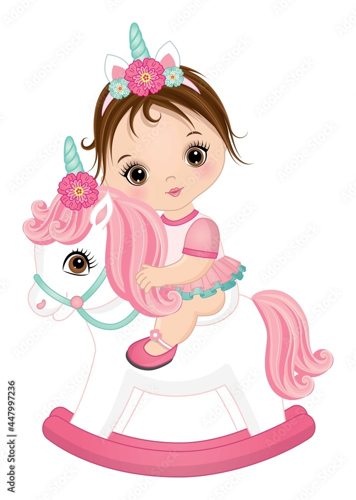 Cute Little Baby Girl Riding Unicorn. Vector Unicorn Baby Girl Cute Little Baby Girl Riding Unicorn. Vector Unicorn Baby Girl