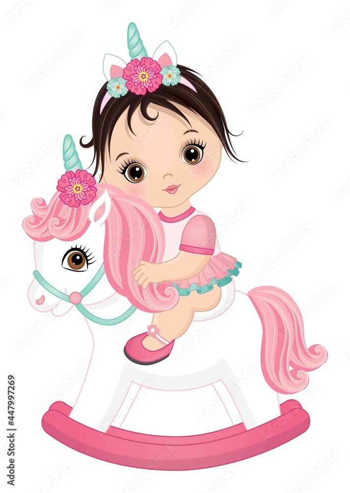 Cute Little Baby Girl Riding Unicorn. Vector Unicorn Baby Girl Cute Little Baby Girl Riding Unicorn. Vector Unicorn Baby Girl