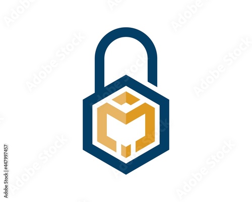 Hexagonal padlock with M letter initial inside