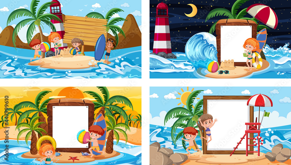 Set of different tropical beach scenes with blank banner Set of different tropical beach scenes with blank banner