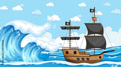 Ocean with Pirate ship at day time scene in cartoon style