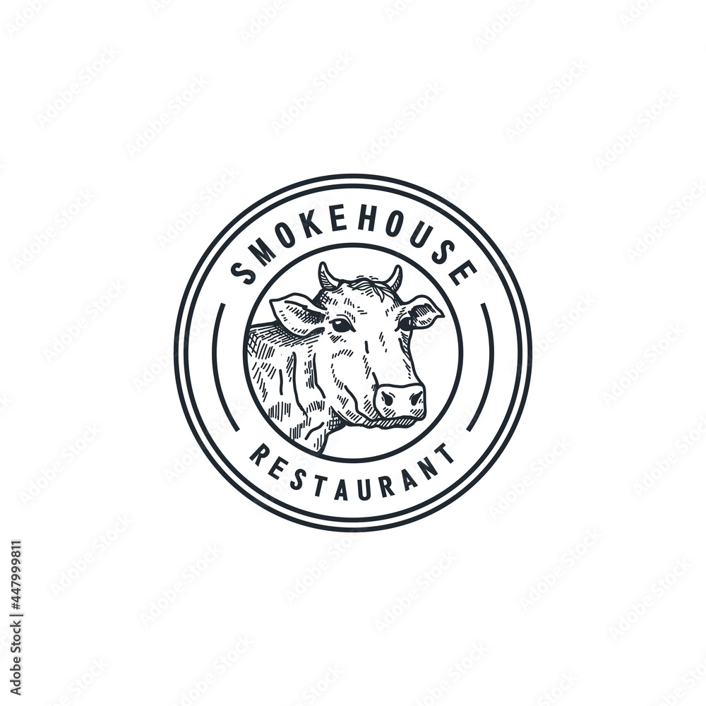 Vintage Smoke House, Steak House restaurant logo. Retro barbecue grill logo. Pig, Pork vector emblem template.