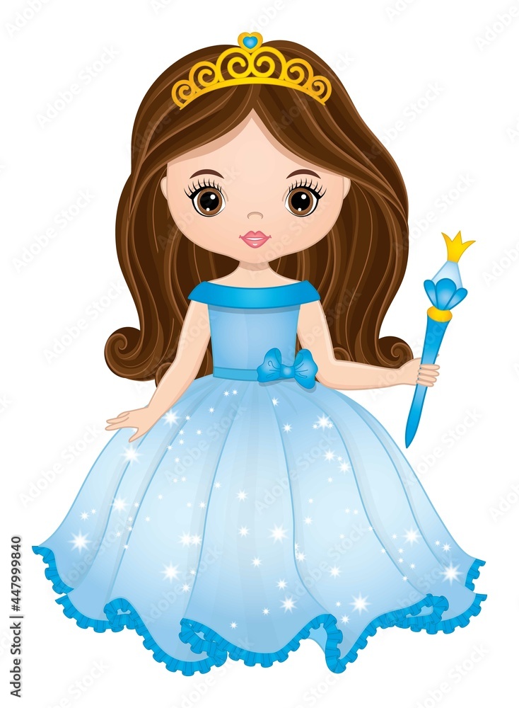 Beautiful Brunette Princess Wearing Long Blue Dress and Holding Magic Wand. Vector Princess Stock Vector | Adobe Stock Beautiful Brunette Princess Wearing Long Blue Dress and Holding Magic Wand. Vector Princess Stock Vector | Adobe Stock