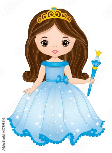 Beautiful Brunette Princess Wearing Long Blue Dress and Holding Magic Wand. Vector Princess