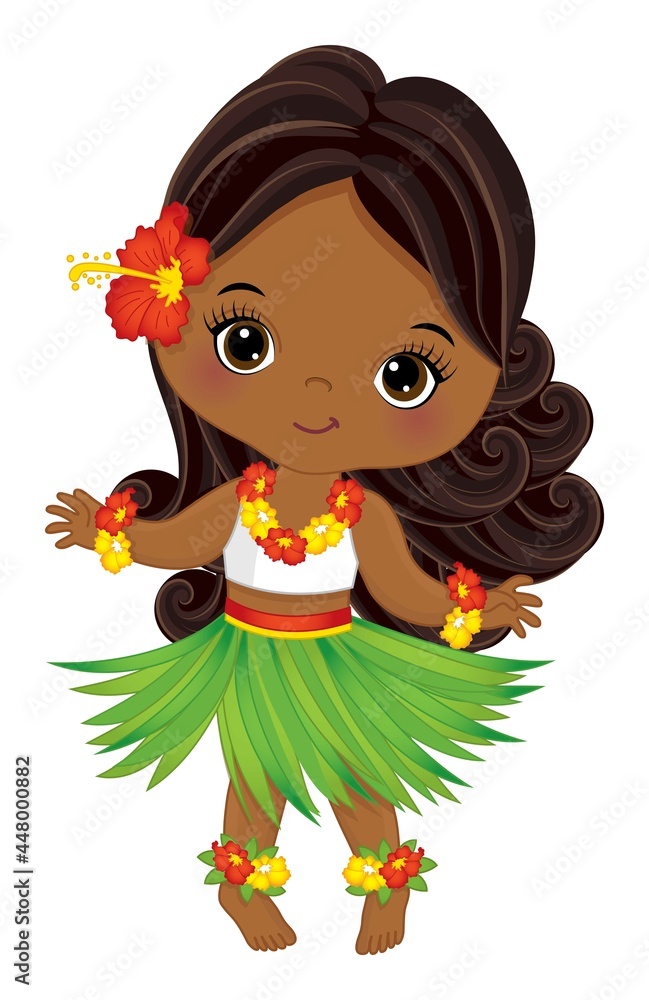 Cute Luau Girl Wearing Grass Skirt and hibiscus Garland Dancing. Vector