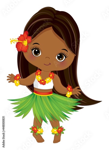 Cute Luau Girl Wearing Grass Skirt and hibiscus Garland Dancing. Vector Hula Girl