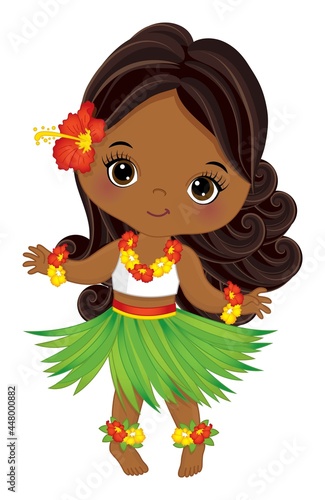 Cute Luau Girl Wearing Grass Skirt and hibiscus Garland Dancing. Vector Hula Girl