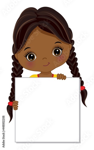 Cute Little African American Girl Holding Blank Frame to Customise Your Text. Vector Black Girl with Banner