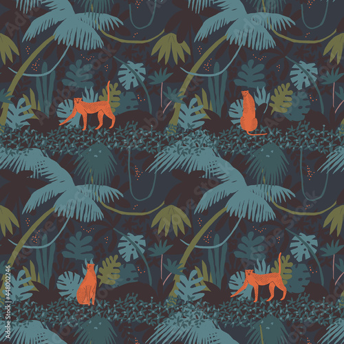 Cheetah and jaguar in the night jungle floral seamless pattern. Vector illustration