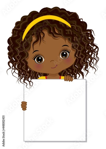 Cute Little African American Girl Holding Blank Frame to Customise Your Text. Vector Black Girl with Banner
