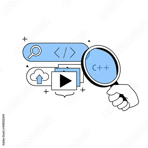 Development of the website and application web design. Digital profession. Search Programming, Coding. Outline hand holds a magnifying glass on the icons and signs