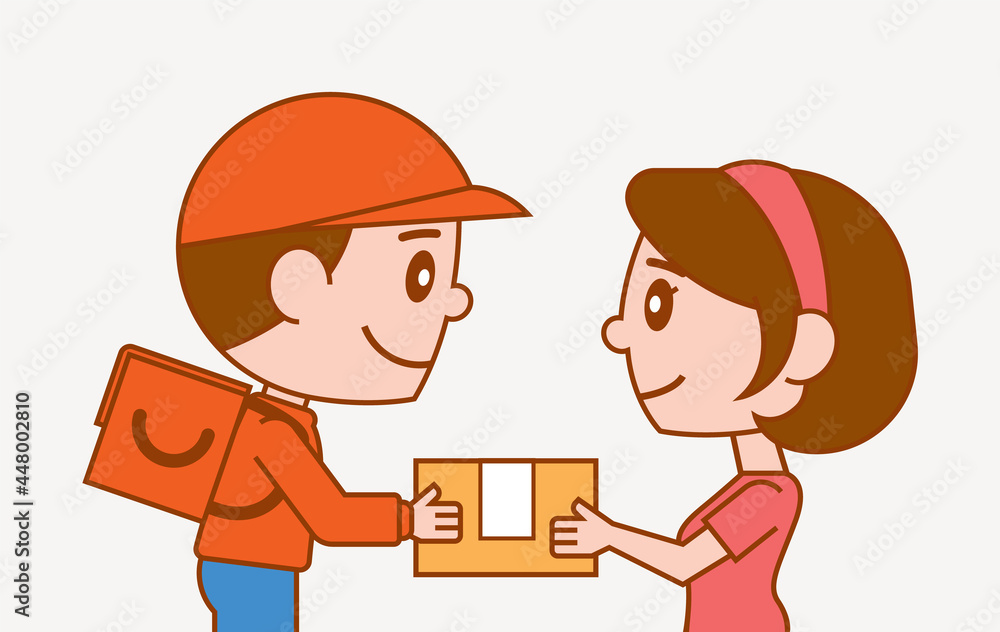 Cartoon cute delivery man with uniform giving parcel to woman customer - vector Cartoon cute delivery man with uniform giving parcel to woman customer - vector