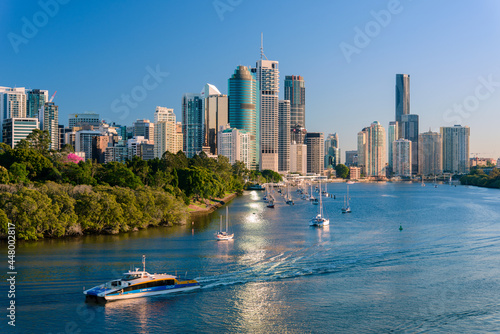 Brisbane city buildings and river seen in early morning light from Kangaroo Point. Brisbane is the state capital of Queensland, Australia.