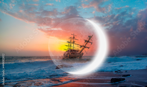 Cuadro en lienzo Sailing old ship in stormy sea in the background dramatic sunset and crescent mo