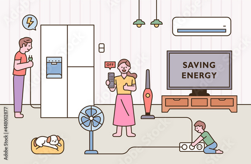 Father and mother child holding electrical appliance wire and saving electricity. outline simple vector illustration.