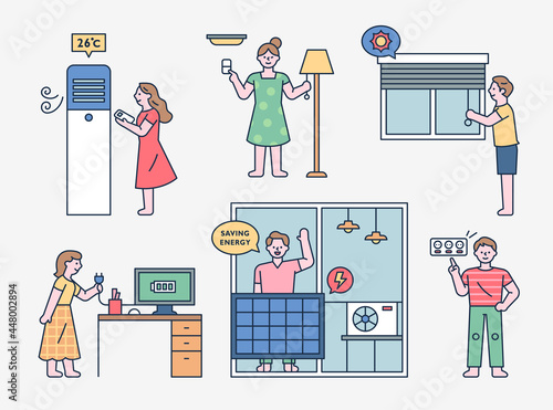 People are explaining how to save electricity. outline simple vector illustration.