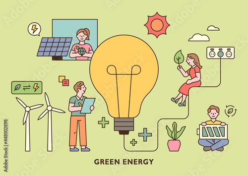 People holding green energy icons around a large light bulb. outline simple vector illustration.