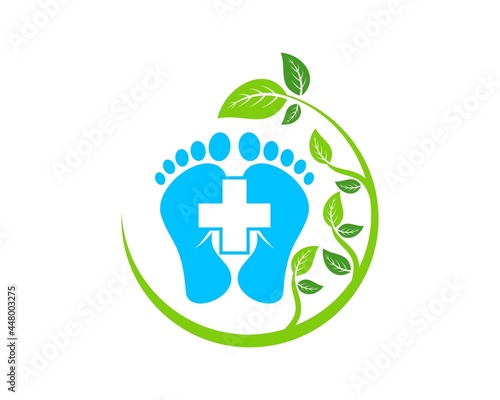 Circular nature leaf with foot care and medical cross inside