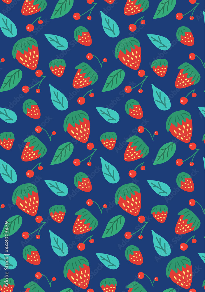 Simple seamless pattern with various berries. Vector cartoon natural texture. Hand drawn flat strawberry, lingonberry and cranberry with foliage on blue background. Fruit background for wallpaper Simple seamless pattern with various berries. Vector cartoon natural texture. Hand drawn flat strawberry, lingonberry and cranberry with foliage on blue background. Fruit background for wallpaper