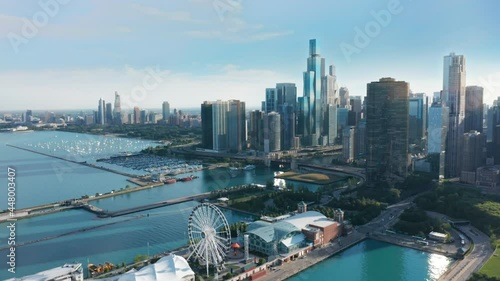 Chicago Illinois USA aerial drone footage of Chicago Navy Pier park, Downtown 4K photo