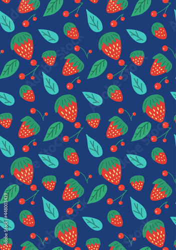 Simple seamless pattern with various berries. Vector cartoon natural texture. Hand drawn flat strawberry, lingonberry and cranberry with foliage on blue background. Fruit background for wallpaper