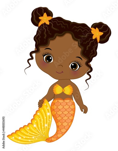 Cute Little Black Baby Mermaid with Orange Fishtail. Vector Mermaid