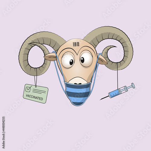 Funny ram received a certificate or passport on vaccination, document covid 19. Vector illustration.