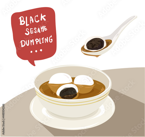 Black sesame rice balls dumplings in hot ginger syrup sweet soup on white background. Vector illustration.