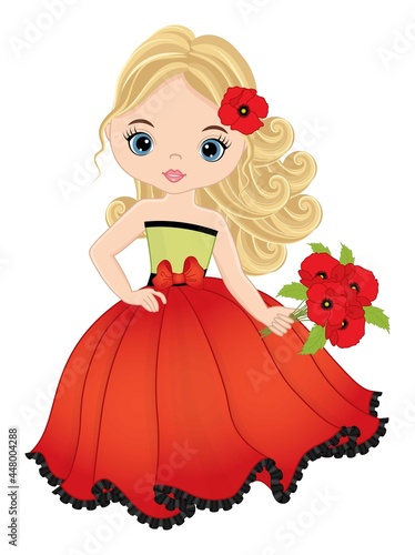 Beautiful Girl Wearing Red Dress with Poppies. Vector Girl with Poppies