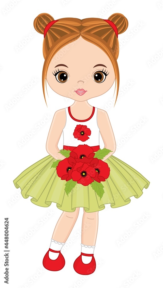 Beautiful Young Girl Holding Bouquet of Poppies. Vector Girl with Poppies