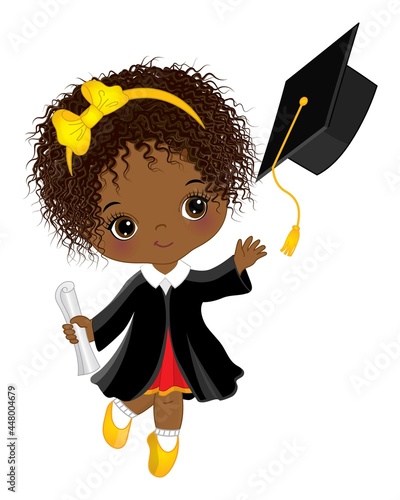 Graduation Cute Little Black Girl Holding Diploma. Vector Graduation Girl