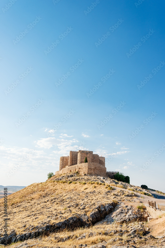 Vertical image of a medieval fortified castle in a hill