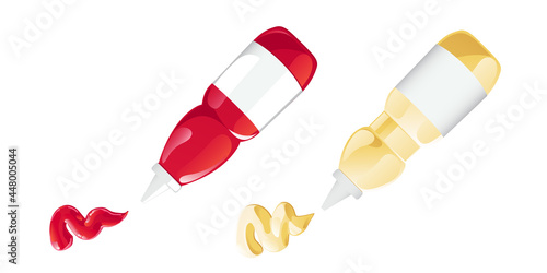 Ketchup and mayonnaise in the bottles with label set. Vector illustration in flat cartoon style.