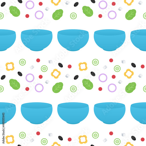 Fresh vegetable mix for making greek salad and blue bowls vector cartoon style seamless pattern background.