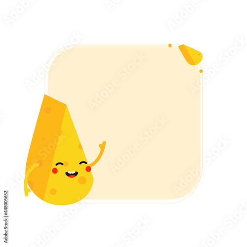 Cute cartoon style yellow smiling cheese chunk, dairy product character  with blank square frame, card template, background. 
