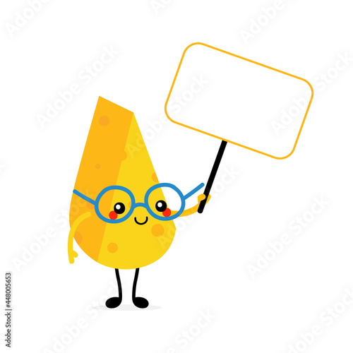 Cute smart cartoon style cheese chunk, dairy product character holding in hands blank sign, banner, card on stick.