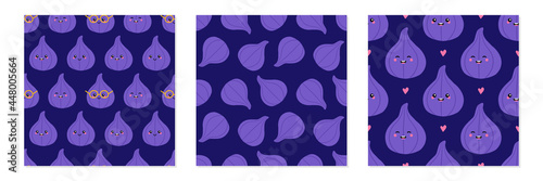 Set, collection of three vector seamless pattern backgrounds with fig fruits and fig characters for food design.