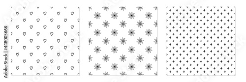 Set, collection of three vector seamless pattern backgrounds with black and white sign and symbols, hearts, crosses, flowers for graphic design.
