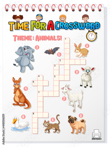 Crossword puzzle game template about animals