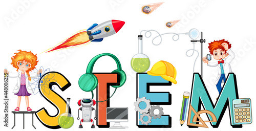 STEM logo with kids cartoon character and education icon elements