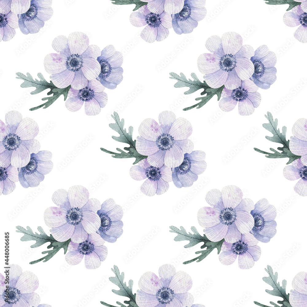 Obraz premium Watercolor seamless pattern of anemones. Isolated on white background. Hand drawn illustration. Perfect for printing, wrapping, textile, factory.