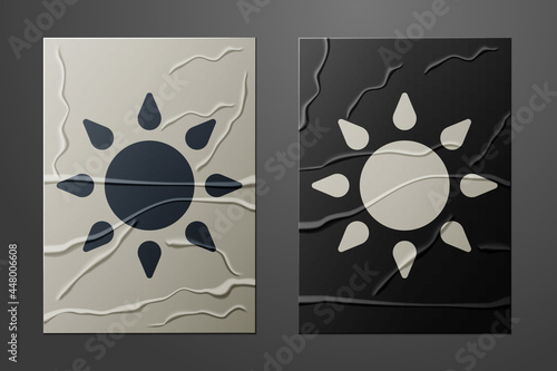 White Sun icon isolated on crumpled paper background. Paper art style. Vector