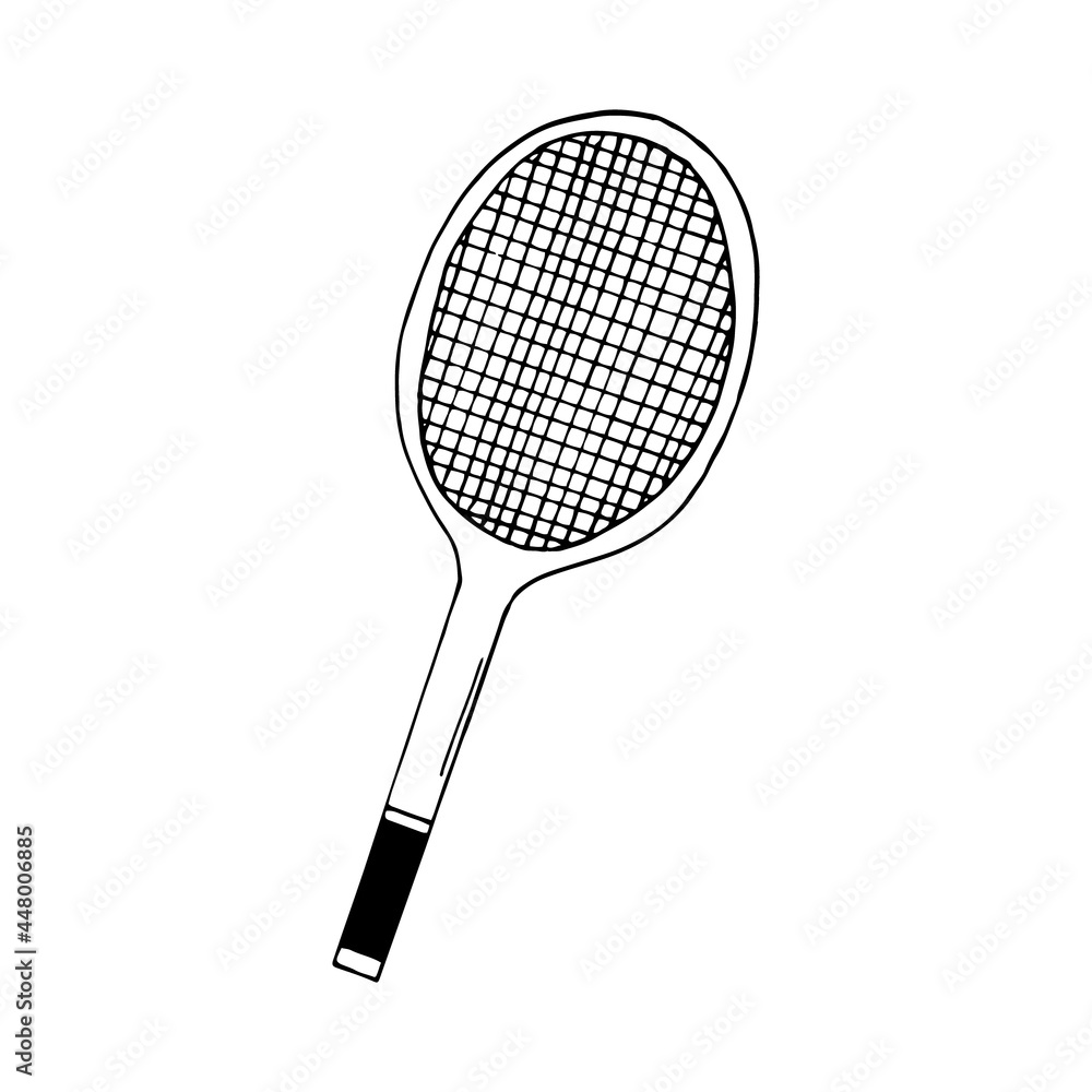 badminton tennis racket. hand drawn doodle icon. vector, scandinavian, nordic, minimalism, monochrome. sports equipment.