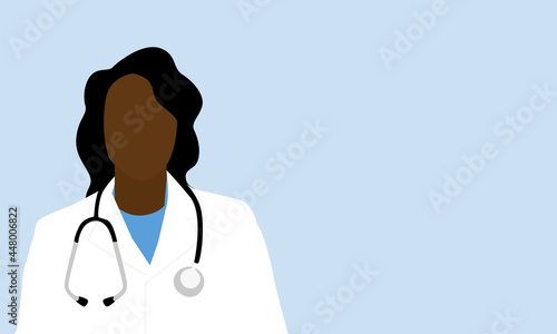 Flat vector of a black female doctor wearing blue scrubs, a white coat and a stethoscope around her neck. The woman is isolated against a light blue background with blank copy space for text or images