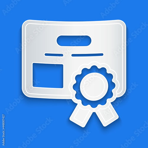 Paper cut Certificate template icon isolated on blue background. Achievement, award, degree, grant, diploma concepts. Paper art style. Vector